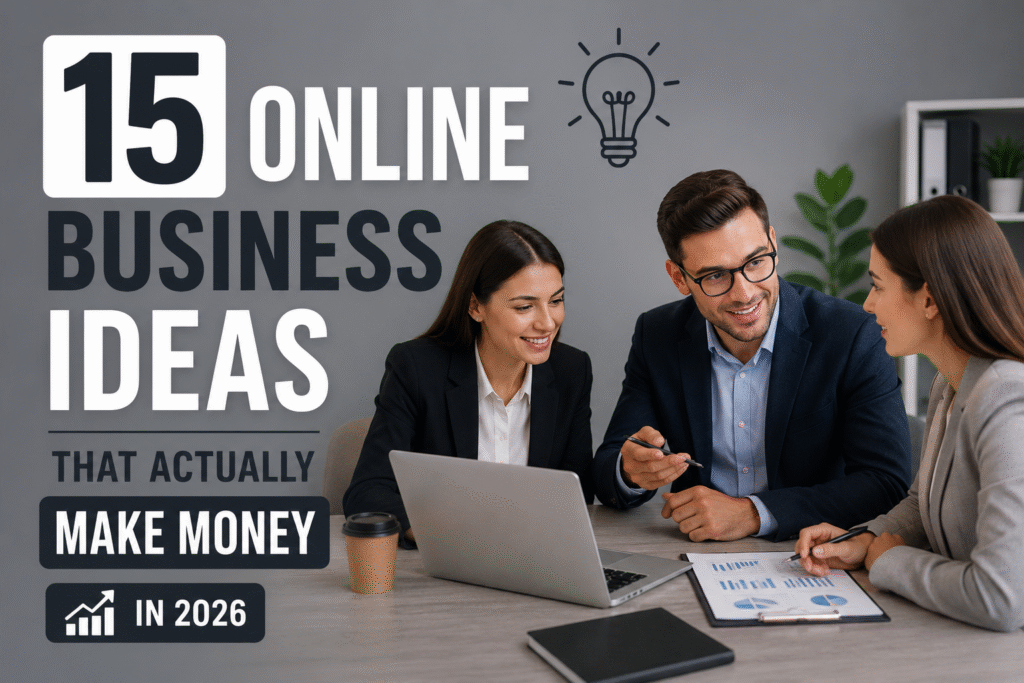 Professional business team discussing online business ideas during a meeting in a modern office with a gray background.
