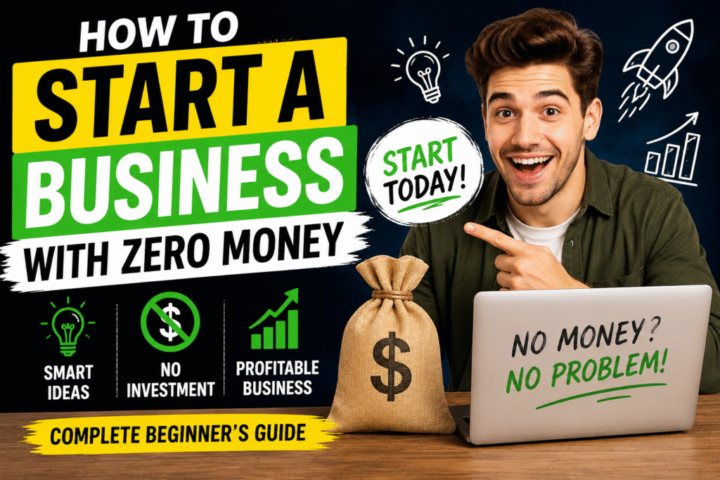 How to Start a Business With Zero Money – entrepreneur planning a new business using a laptop and free online tools
